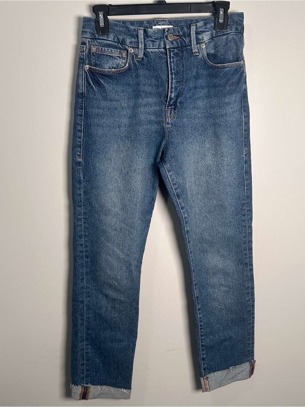 Good American straight leg blue denim roll cuff women’s